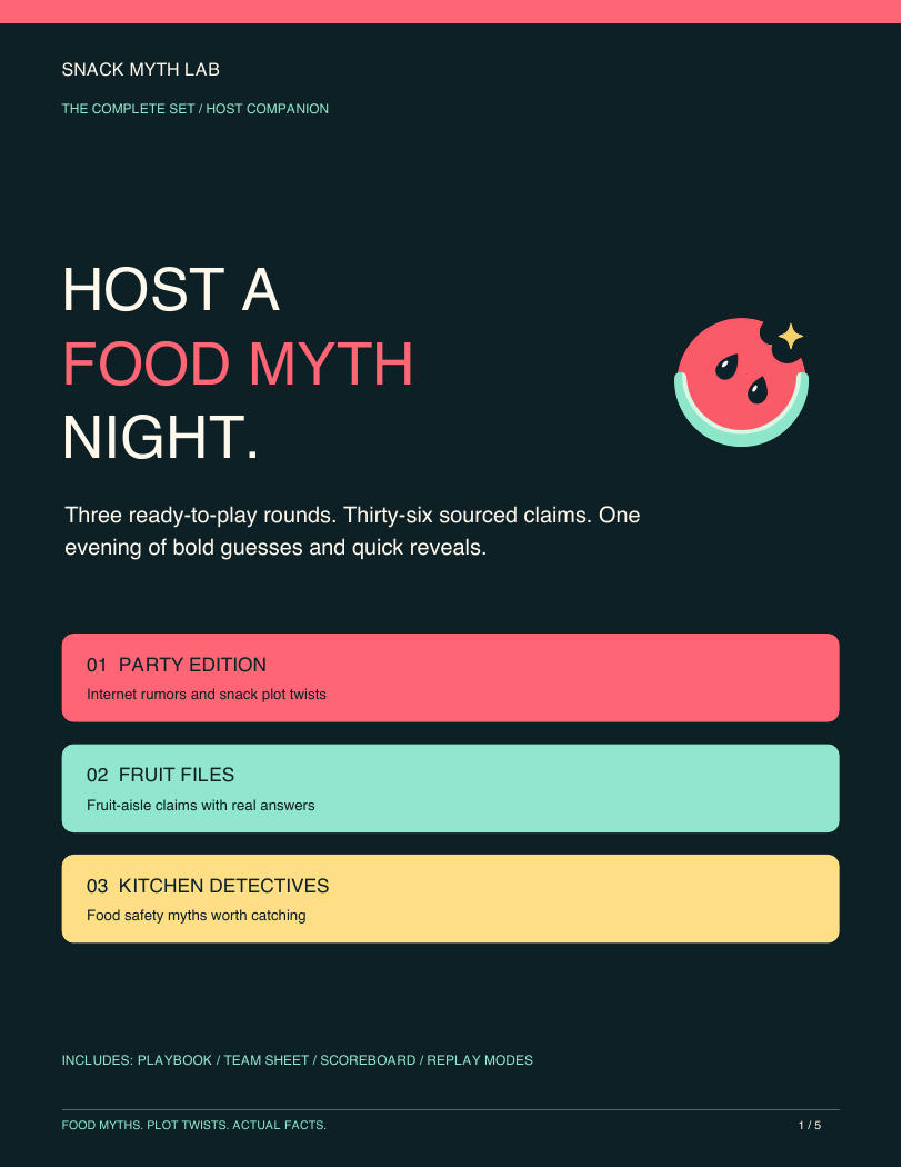 Cover of the five-page Snack Myth Lab game night host companion